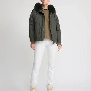 Parka courte en coton imperméable avec fourrure de renard et lapin