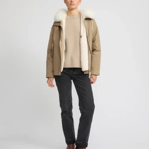 Parka courte en coton imperméable avec fourrure de renard et lapin