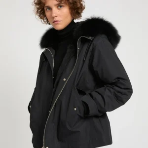 Parka courte en coton imperméable avec fourrure de renard et lapin