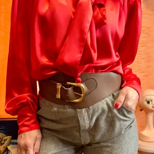 Grosse ceinture Cuir marron et métal doré Vintage France