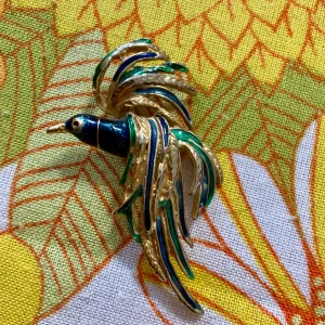 Broche oiseau Métal Doré peint Vintage